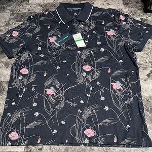 Perry Ellis Navy Polo with Pink Floral Design